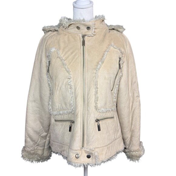 Wilson's Leather L Faux Suede Hooded Short Jacket Faux Fur Lining Tan Zip Up - Picture 2 of 16